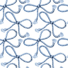 Seamless pattern of rope cords with bow knots. Hand drawn illustration. Hand painted realistic elements indigo on white background. - obrazy, fototapety, plakaty