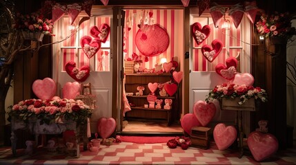  a room filled with lots of valentine's day decorations and pink hearts hanging from the ceiling of the room.