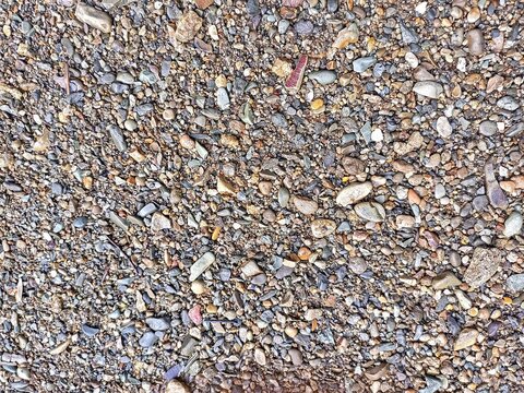 Sand and small irregular stones on the bank of a river, cool for background
