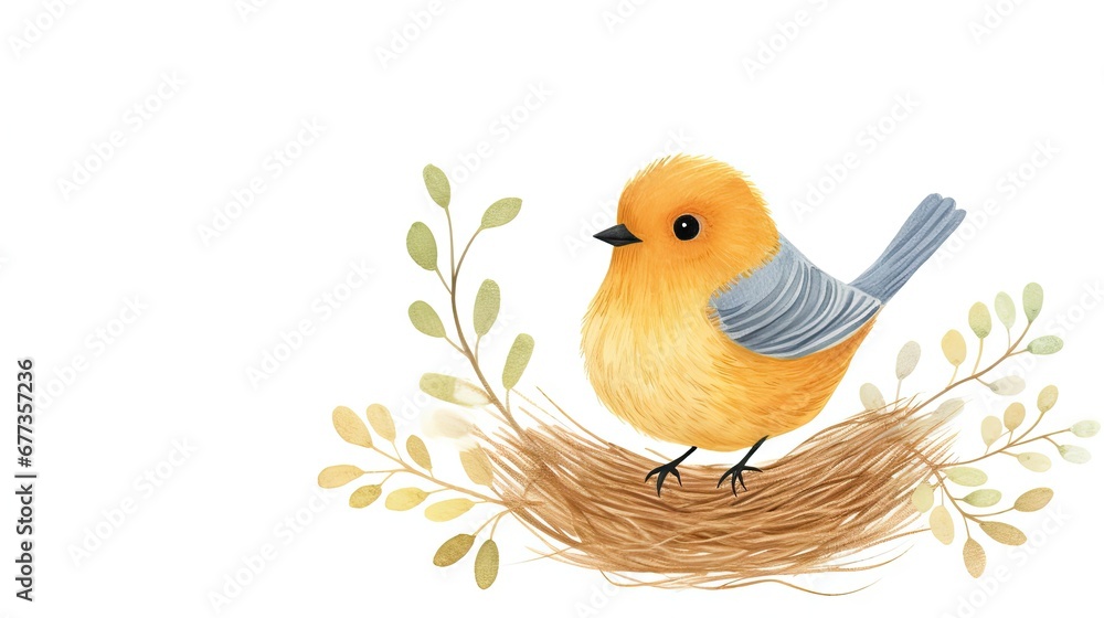 Poster a painting of a bird sitting on top of a nest with a twig sticking out of it's side.