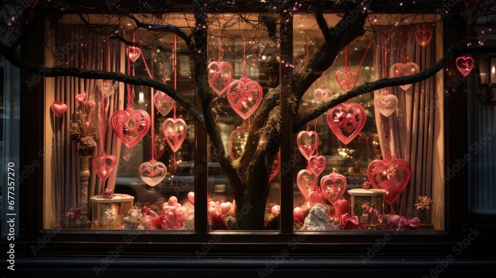 Poster a store window with a bunch of hearts hanging from it's front window and a tree in front of it.