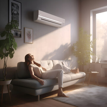 Young woman sitting on sofa in living room with air conditioner on wall