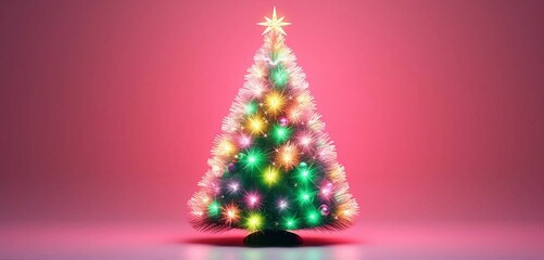 Christmas tree with multicolored lights  and stars on pink background with copy space.