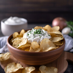 Potato chips with sour cream and parsley on a wooden background. Selective focus.