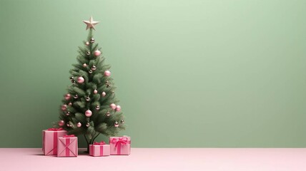 Christmas tree and gift box on green background with copy space.