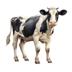 Artistic illustration of a black and white cow with horns. Detailed strokes. No background, transparent png