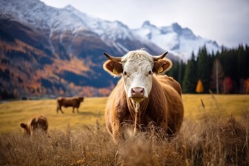 Close-up view of a cow in ranch grass land with snow mountain and Autumn forest. - obrazy, fototapety, plakaty