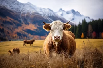 Foto op Canvas Close-up view of a cow in ranch grass land with snow mountain and Autumn forest. © rabbit75_fot