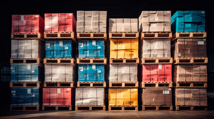 Boxes stacked on pallets on a dark background
