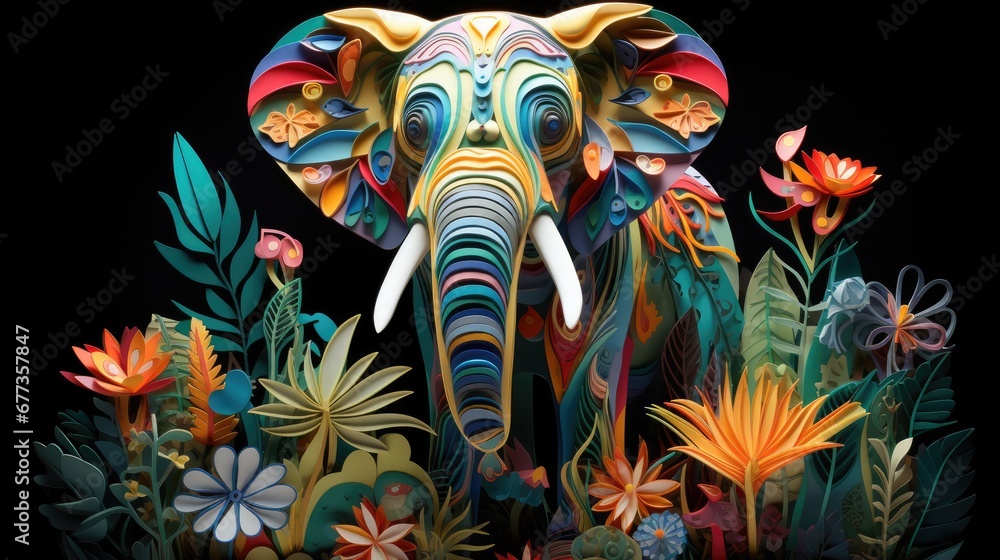 Poster a paper colorful elephant standing in a field of flowers. generative ai.