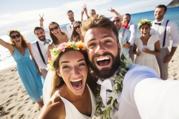 Happy people taking selfie at a beach party. Summer tropical vacation concept. - Powered by Adobe