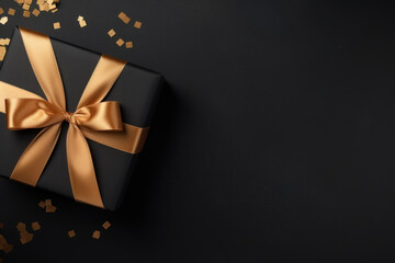 New Year's gift. Golden gift on a dark background, background with copy space on the right. AI generative.