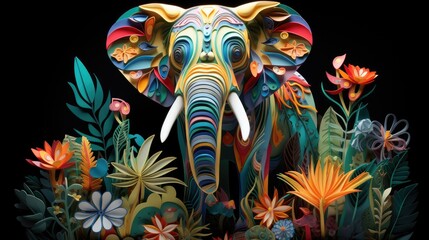 A paper colorful elephant standing in a field of flowers. Generative AI.