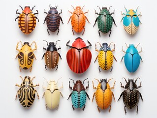 A group of different colored bugs on a white surface. Generative AI.