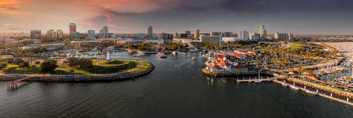 Aerial view of Downtown Long Beach from above Queensway Bay at Golden Hour - obrazy, fototapety, plakaty
