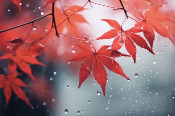 Close-up view of colorful Autumn tree leaves in rain. Autumn seasonal concept.