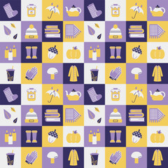 Square pattern set of autumn items. Warm clothes, activities, hobbies, food and harvest. Leaves, umbrella, rain. Reading books. Jam, mushroom, acorn. Colored icons. Purple, yellow. Vector illustration