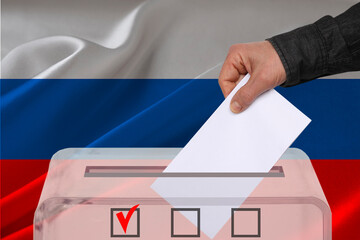 Transparent ballot box for voting with ballot in front Russia national flag, Election Process and...