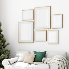 Mockup , Christmas frame mockup in living room with blank frames  wood and Christmas tree