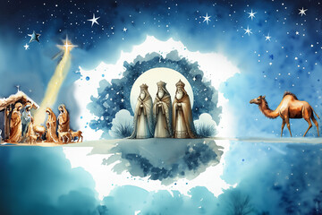 Peinture aquarelle, arrivée des 3 rois mages dans l'étable de Bethléem, pour la naissance de Jésus, en suivant l'étoile du Berger, un dromadaire ferme la marche. Background bleu avec espace texte. - obrazy, fototapety, plakaty
