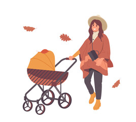 Happy smiling young mother cartoon character strolling newborn baby among autumn street