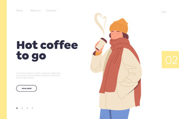 Hot coffee to-go landing page template with positive young woman character enjoying aroma beverage