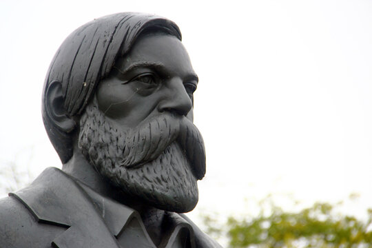 Berlin, Germany - November 9, 2023: Monument to Karl Marx and Friedrich Engels in Marx-Engels-Forum in central Berlin
