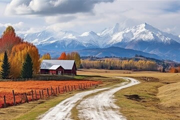 Farm land in Autumn with beautiful foliage. Autumn seasonal concept.