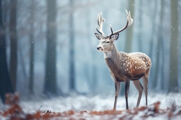 Naklejka na ściany i meble Male deer with antlers stand in forest in Winter with snow.