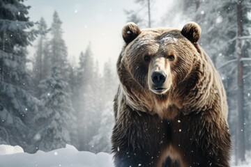 Grizzly bear stand in wild in Winter forest with snow. - obrazy, fototapety, plakaty