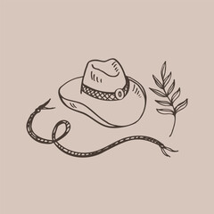 Cowboy theme Wild West concept, western,shepherd life. Hand drawn vector illustration with cowboy boots,lasso, hat. Design element for print t-shirt, paper, logo, card, poster, template, backdrop