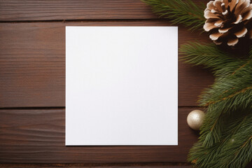 Fototapeta na wymiar Christmas greeting card mockup on wooden background. Top view with copy space.