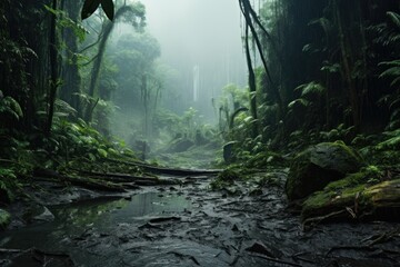 A deep rainforest with giant trees and fog. Vacation travel concept.