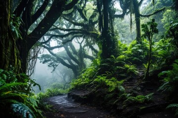 Fototapeta premium A deep rainforest with giant trees and fog. Vacation travel concept.