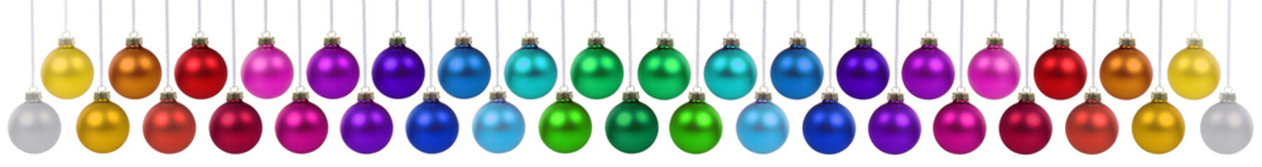Christmas balls many baubles banner with colorful colors decoration hanging isolated on white