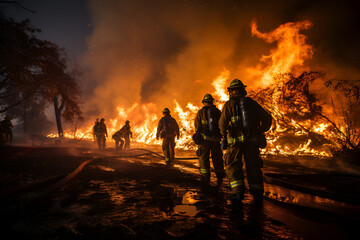 A group of firefighters fighting a fire - obrazy, fototapety, plakaty