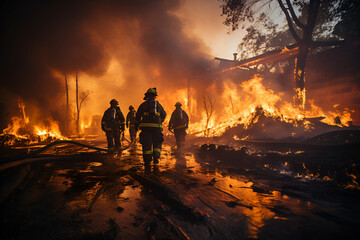 A group of firefighters fighting a fire - obrazy, fototapety, plakaty