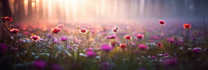 Panoramic view of wild flower field in foggy forest at sunrise with variable colors in Spring. Spring seasonal concept.