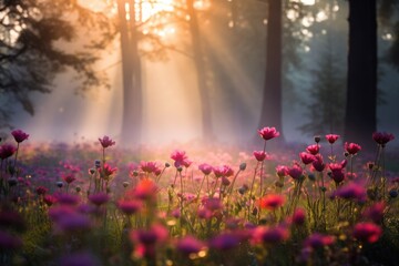Wild flower field in foggy forest at sunrise with variable colors in Spring. Spring seasonal concept.