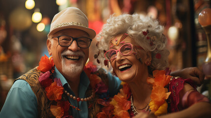 elderly couple dressed up at carnival, typical carnival masks - obrazy, fototapety, plakaty