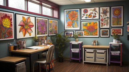 Children's Art Corner in Pediatric Office: An art corner in a pediatrician's office, showcasing colorful drawings and paintings created by young patients