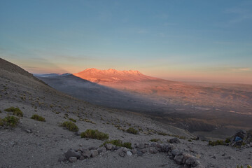 View of PichuPichu Volcano at sunset from the slopes of Misti Volcano