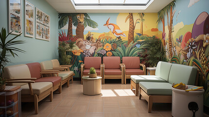 Pediatrician's Office with Animal Murals: The interior of a pediatrician's office adorned with vibrant animal murals to create a visually stimulating environment