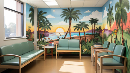 Pediatrician's Office with Animal Murals: The interior of a pediatrician's office adorned with vibrant animal murals to create a visually stimulating environment