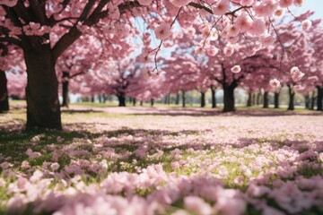 Close-up view of pink petals on ground in beautiful blooming cherry blossom woods in Spring. Spring seasonal concept.