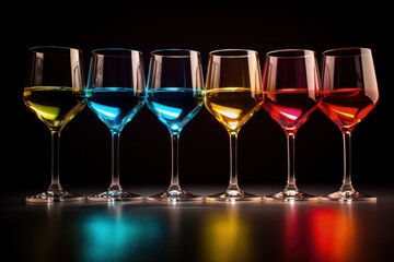Manipulated light refraction through wine glasses carrying different liquids captured in a palette of radiant ruby red sapphire blue and topaz yellow 