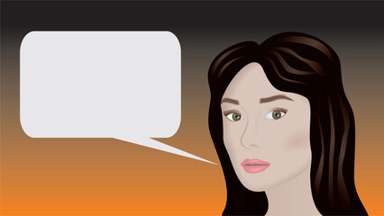 Serious woman in profile with speech bubble. Dimension 16:9. Vector illustration.