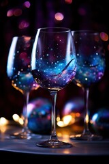 Nebulous effects with wine glasses under unusual lighting captured in a palette of cosmic purple twilight blue and stardust silver 