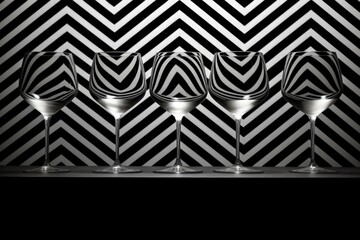 Optical illusion of monochrome patterns in wine glasses using striped backdrops captured in a palette of absolute black pure white and grayscale gradient 