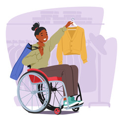 Black Female Character In A Wheelchair Gracefully Selects Stylish Clothing In Store, Her Confidence Shining